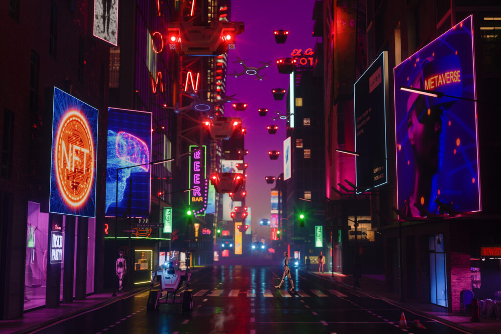 Metaverse Cyberpunk Style City With Robots Walking On Street, Neon Lighting On Building Exteriors,  Flying Cars And Drones